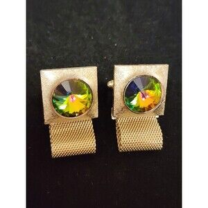 Vintage Dante 1960s Rainbow Rivoli Crystal Rhinestone Gold Tone Mesh Wrap Square
